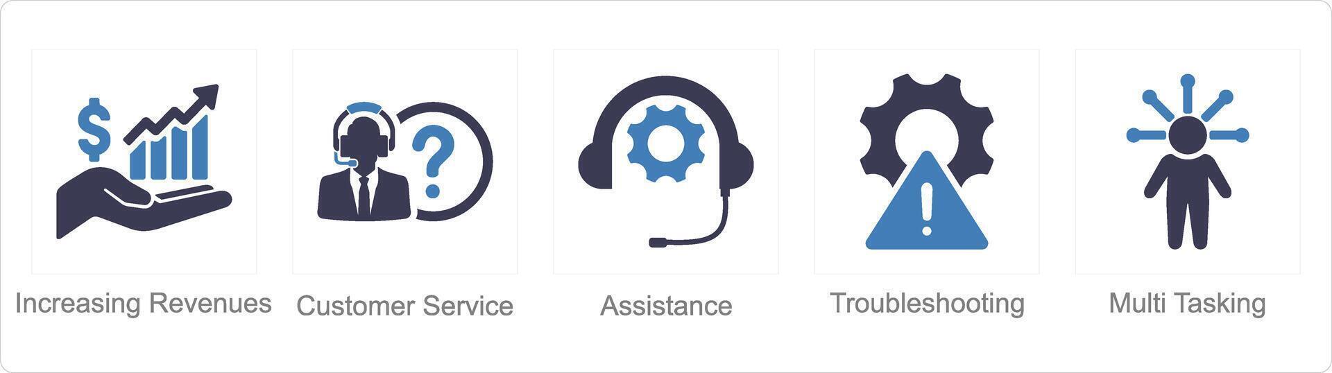 A set of 5 Customer service icons as increasing revenues, customer service, assistance vector