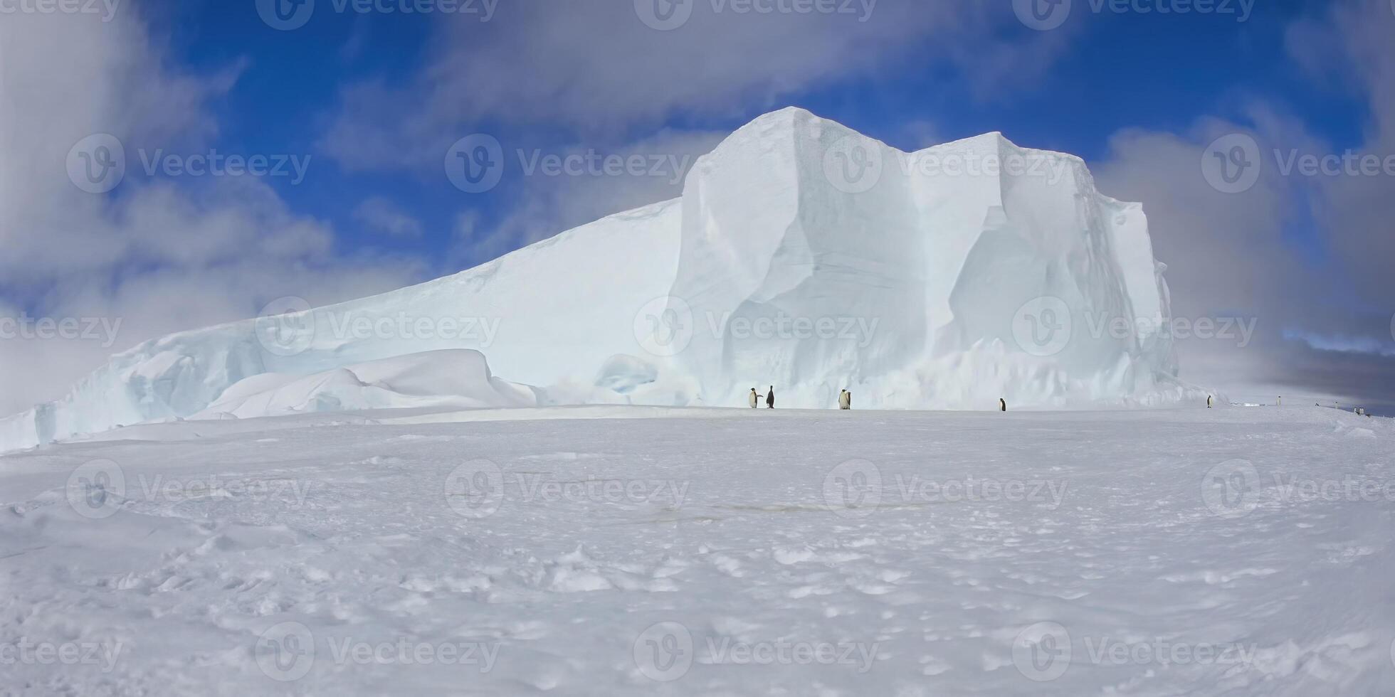 Emperor penguins, Aptenodytes forsteri, in front of icebergs Drescher Inlet Iceport, Weddell Sea, Antarctica photo