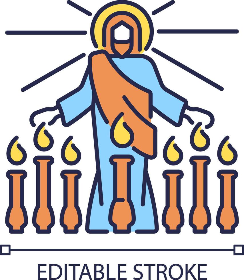 Revelation RGB color icon. Jesus Christ and seven lampstands. Biblical scene. Apostle John vision and scripture. Isolated vector illustration. Simple filled line drawing. Editable stroke