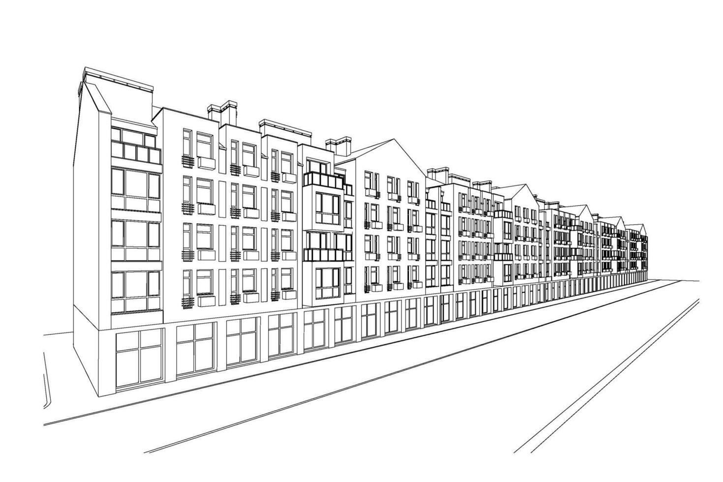 Detailed architectural plan of multistory building with diminishing perspective. Vector blueprint illustration