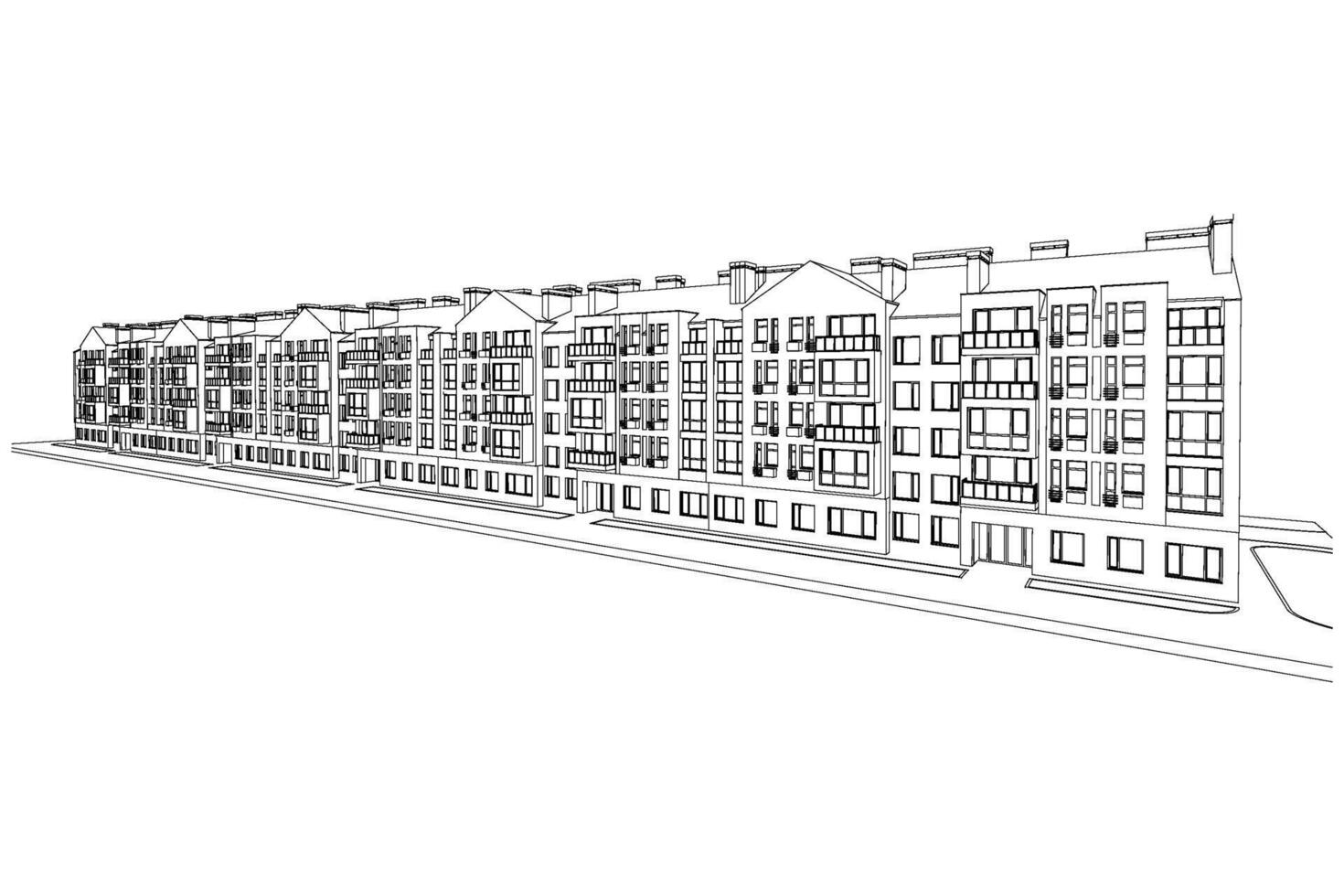 Detailed architectural plan of multistory building with diminishing perspective. Vector blueprint illustration