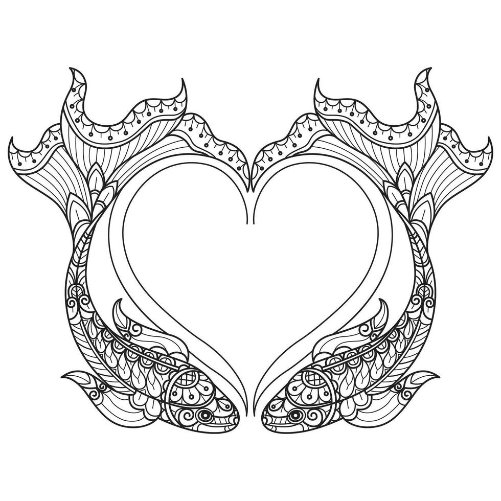 Fish and heart hand drawn for adult coloring book vector
