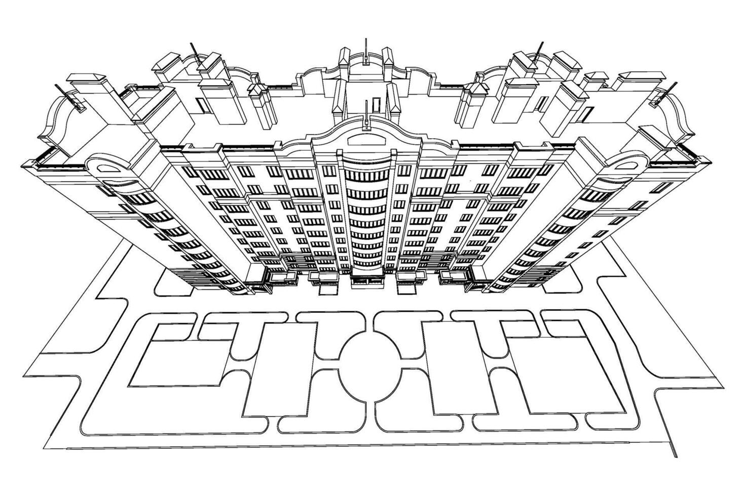 Detailed architectural plan of multistory building with diminishing perspective. Vector blueprint illustration