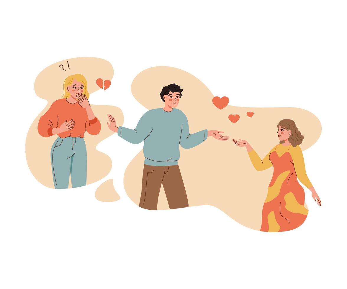 Love triangle of man confused in romantic feelings and choosing between two women. Vavilas guy leaves upset girlfriend after meeting new lover, with whom wants to start family and have children vector