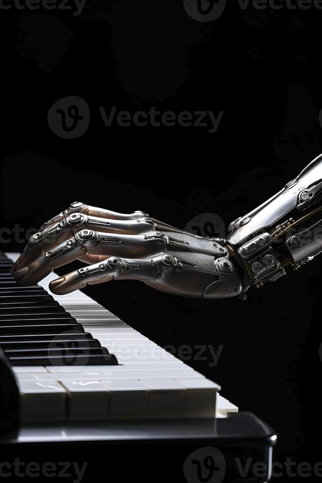 AI generated Robotic Hand Playing Piano KeyboardRobot Holding Guitar Close Up. AI generated photo