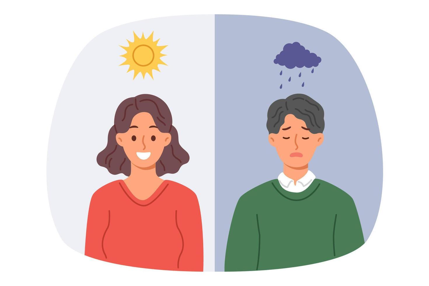 Influence of climate on human mood causes joy in woman during sunny weather or sadness in guy when it rains. People mood and behavior change after change of season and increase in production cartisol vector