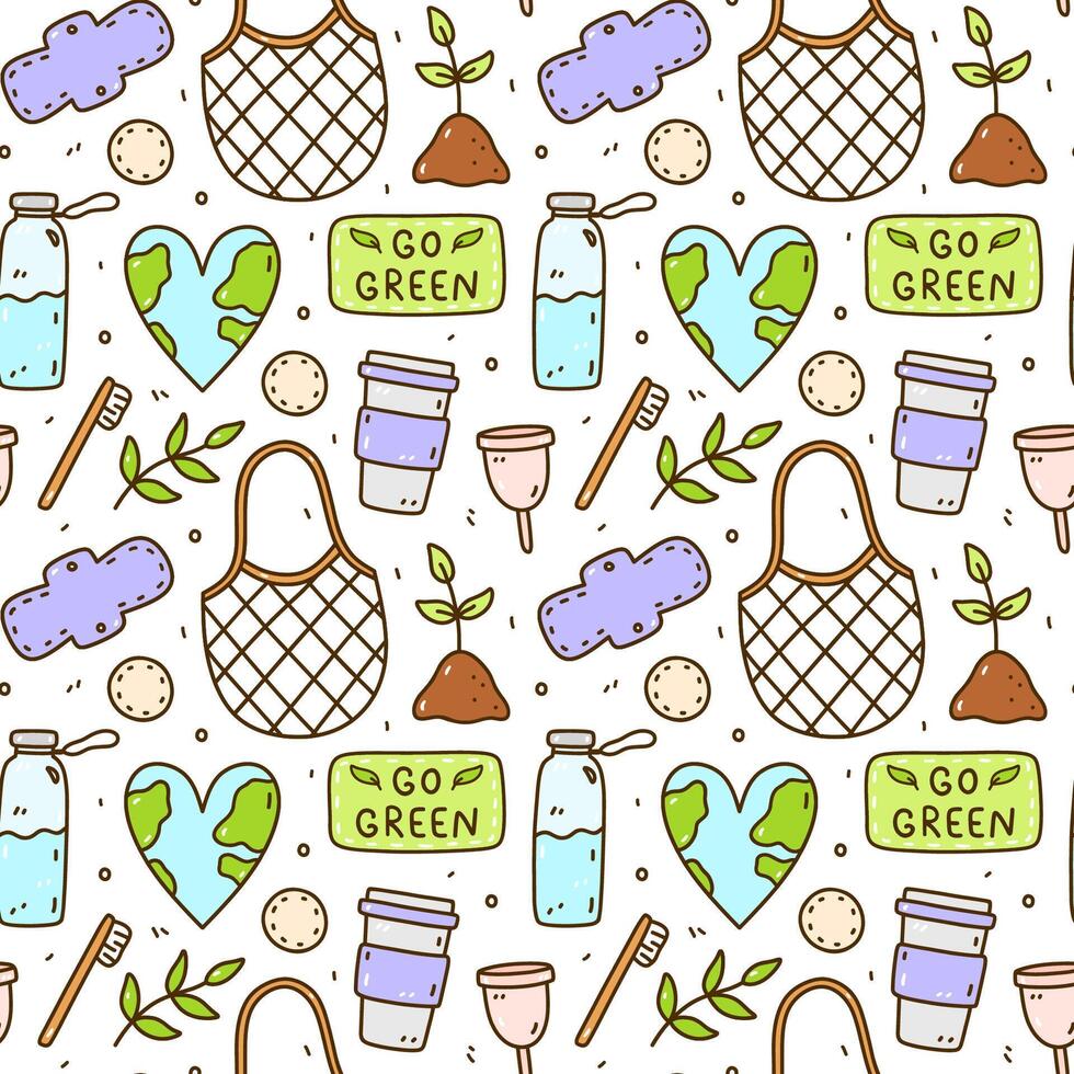 Cute seamless pattern with recycle and reusable products - glass water bottle, coffee cup, mesh bag, textile pads and cotton pads, menstrual cup and others.Zero waste,Save the Planet, Go green concept vector
