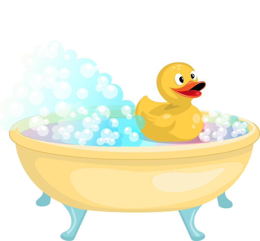 Yellow rubber duck bath full of foam with bubbles isolated on background. Bathroom interior.Turquoise and rainbow gradient. Comfortable equipment for bathing and relaxing. Vector flat design