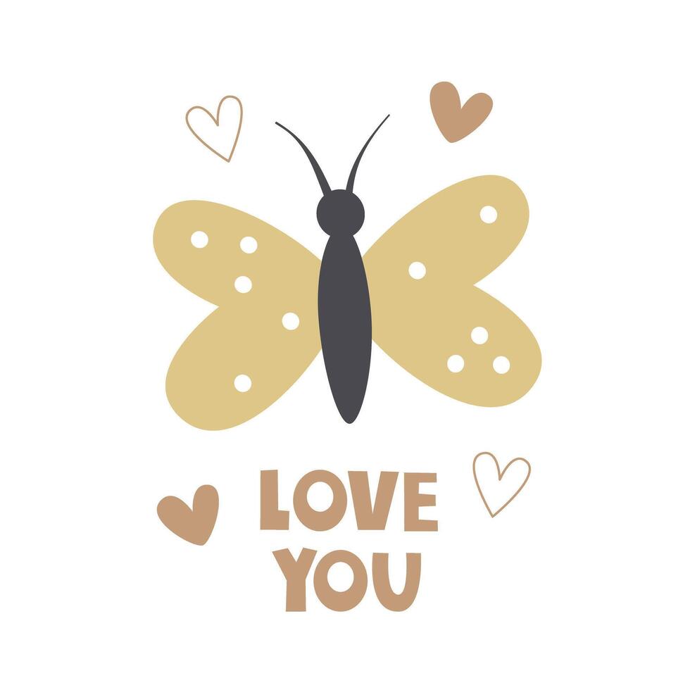 Love you. Vector illustration with cartoon bytterfly, hand drawing lettering, decor elements. romance. Design for Happy Valentine's Day greeting cards, print, posters.