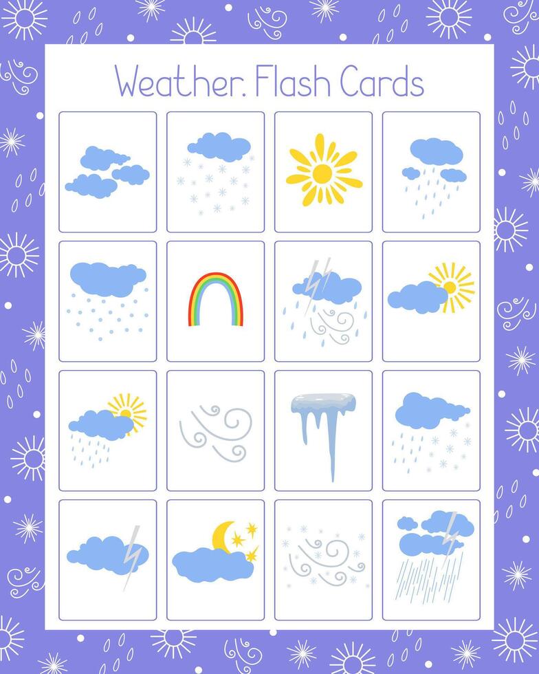 Weather flash cards topical vocabulary learning printable, educational English worksheet for kids, nursery, kindergarten, pre-school, leisure activity game, teacher resources, flat vector illustration
