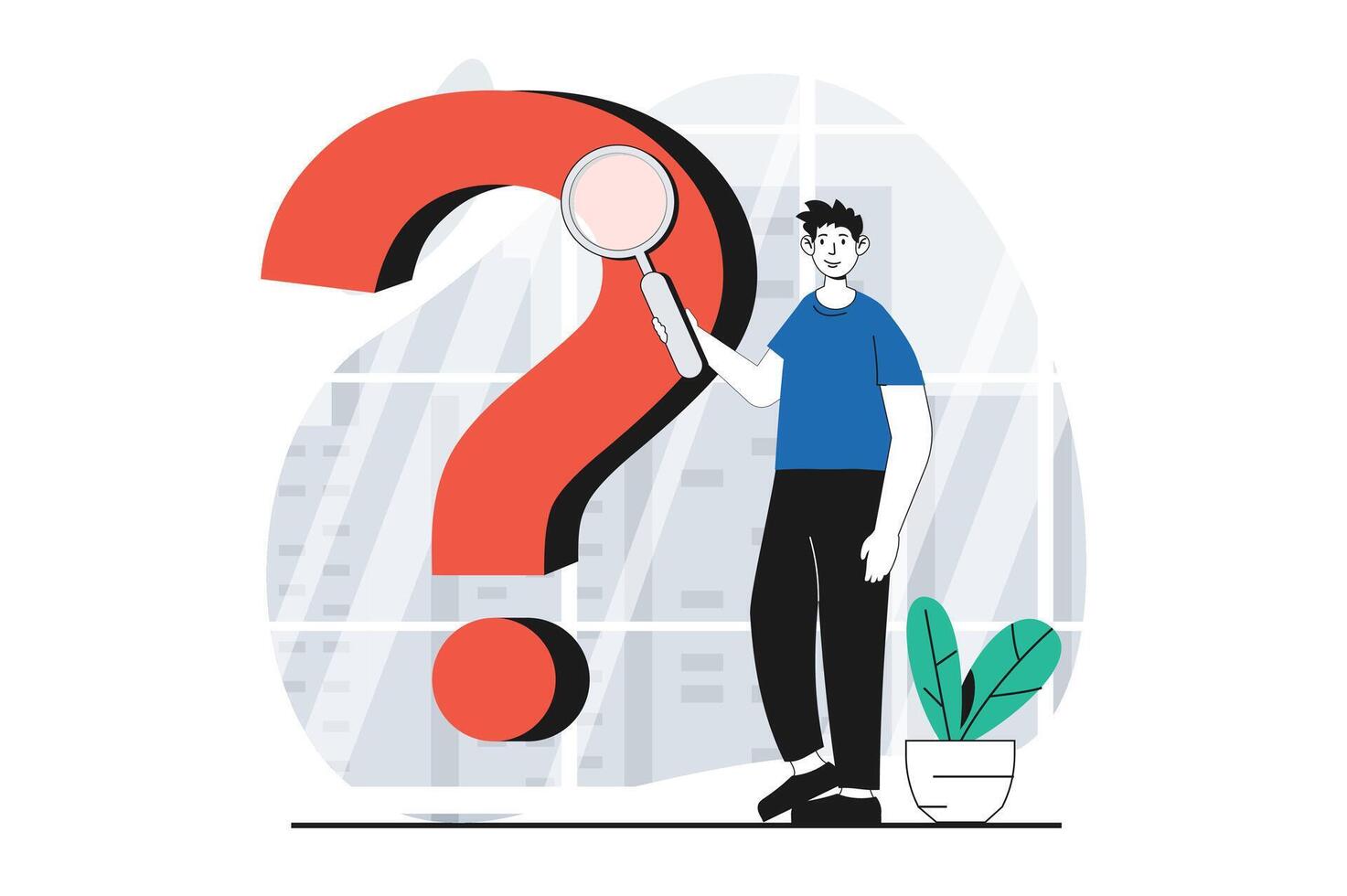 Finding solution concept with people scene in flat design for web. Man with magnifyier searching info and looking answer to question. Vector illustration for social media banner, marketing material.