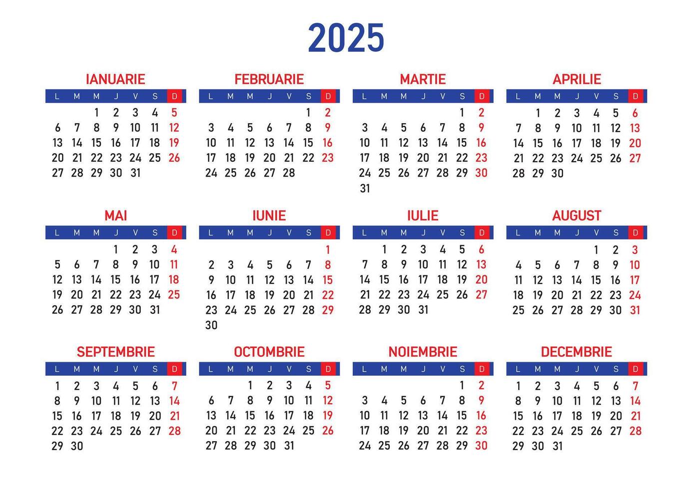 Calendar 2025 in Romanian Language, starting from Monday, Free EPS