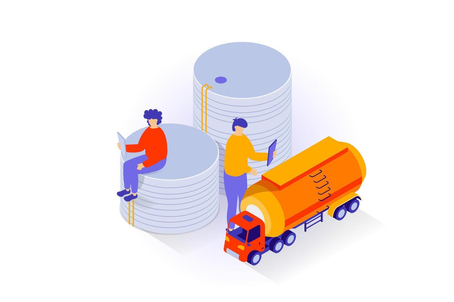 Oil industry concept in 3d isometric design. People work at petroleum storage station by tanks and car tancer for transportation fuel products. Vector illustration with isometry scene for web graphic