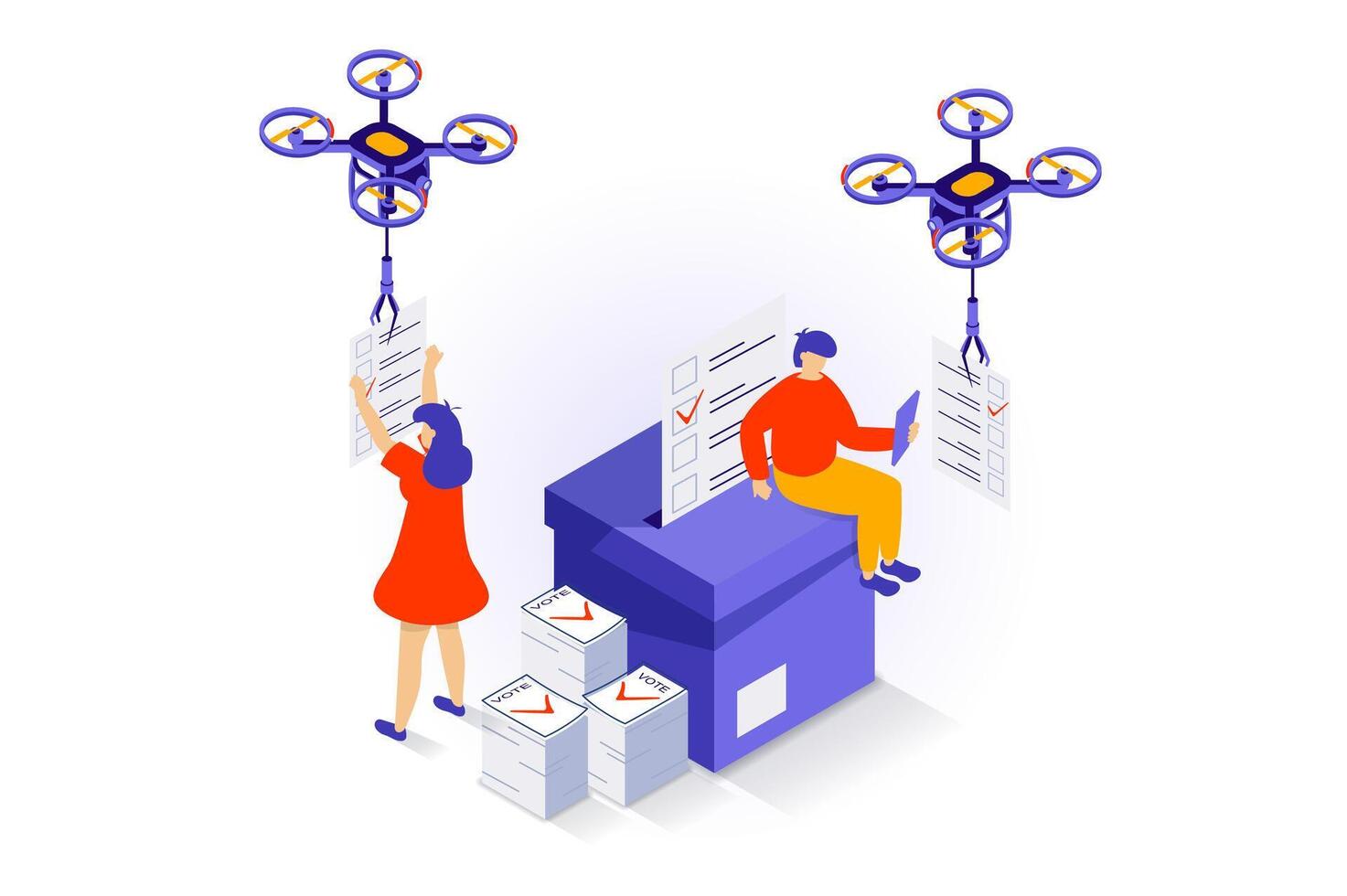 elección y votación concepto en 3d isométrica diseño. personas sostener elecciones con politicos y fiesta partidarios, volador drones con papeletas. vector ilustración con isometria escena para web gráfico