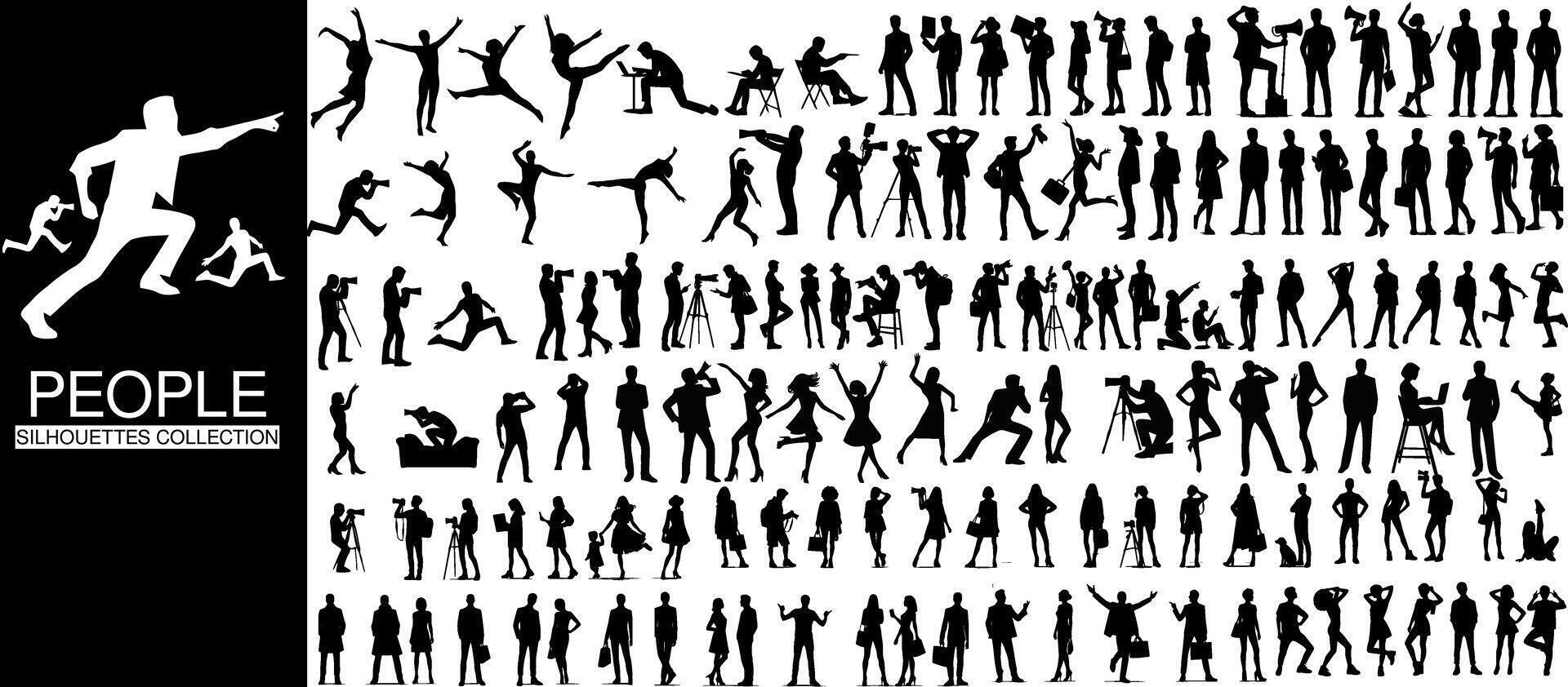 a collection of silhouettes of people, featuring a variety of poses and activities in elegant minimalist art vector
