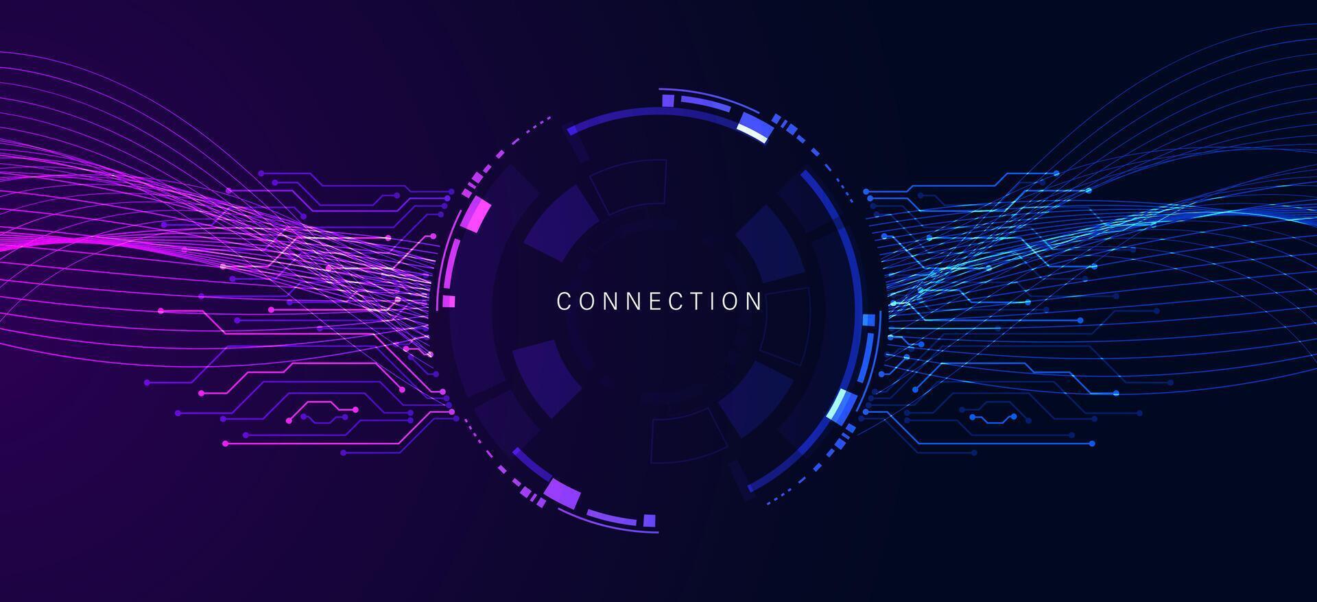circulo circuito tablero tema conexión vistoso y neón ligero púrpura y azul ola en circulo digital y tecnología antecedentes con computadora sistemas ligero azul.hermoso espumoso ligero futurista vector
