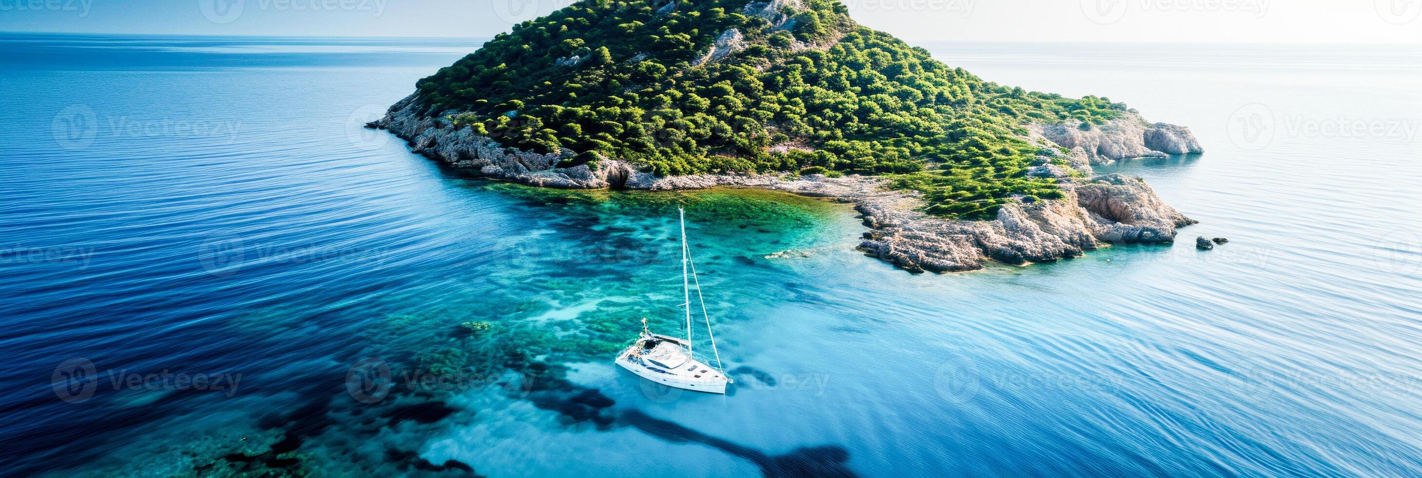 AI Generated A solitary yacht anchored near a lush, secluded island, embodies tranquility and seclusion. travel and leisure magazines, holiday resort advertisements, or as a serene desktop wallpaper. photo
