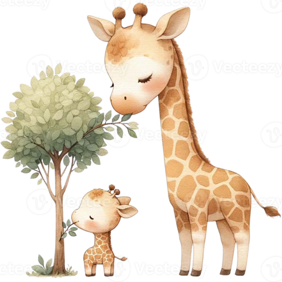 AI generated A mother giraffe teaching the calf to eat leaves from a