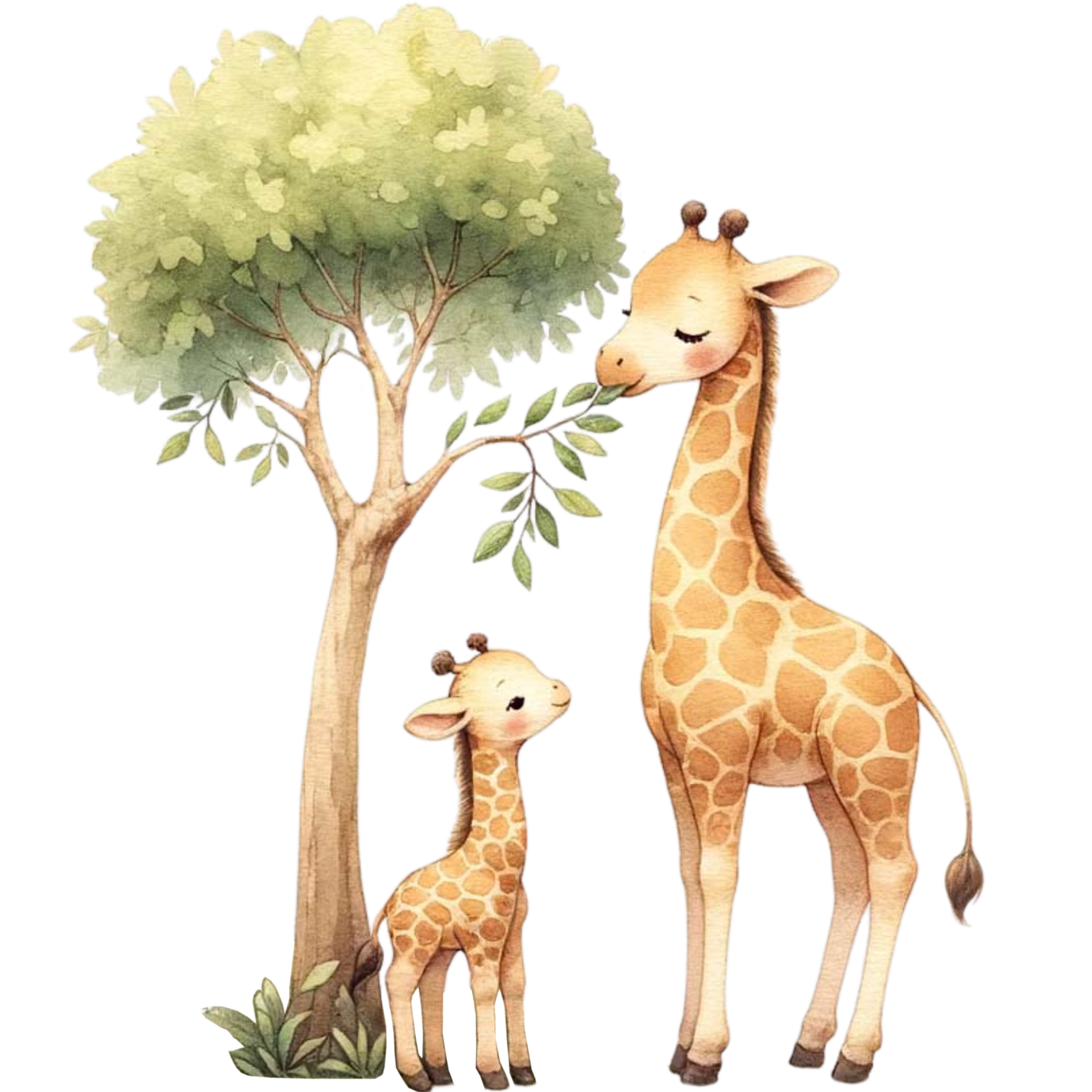 AI generated A mother giraffe teaching the calf to eat leaves from a
