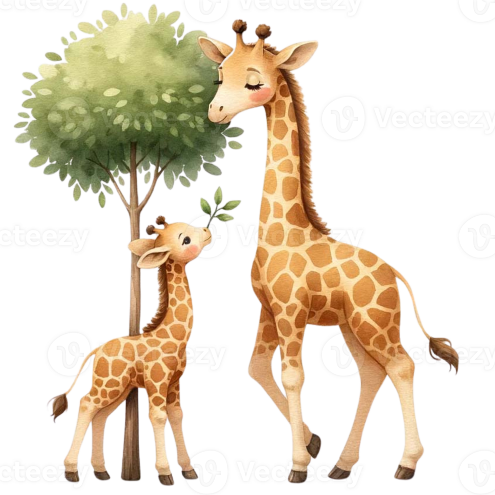 AI generated A mother giraffe teaching the calf to eat leaves from a tall tree  watercolor clipart.Ai Generate png