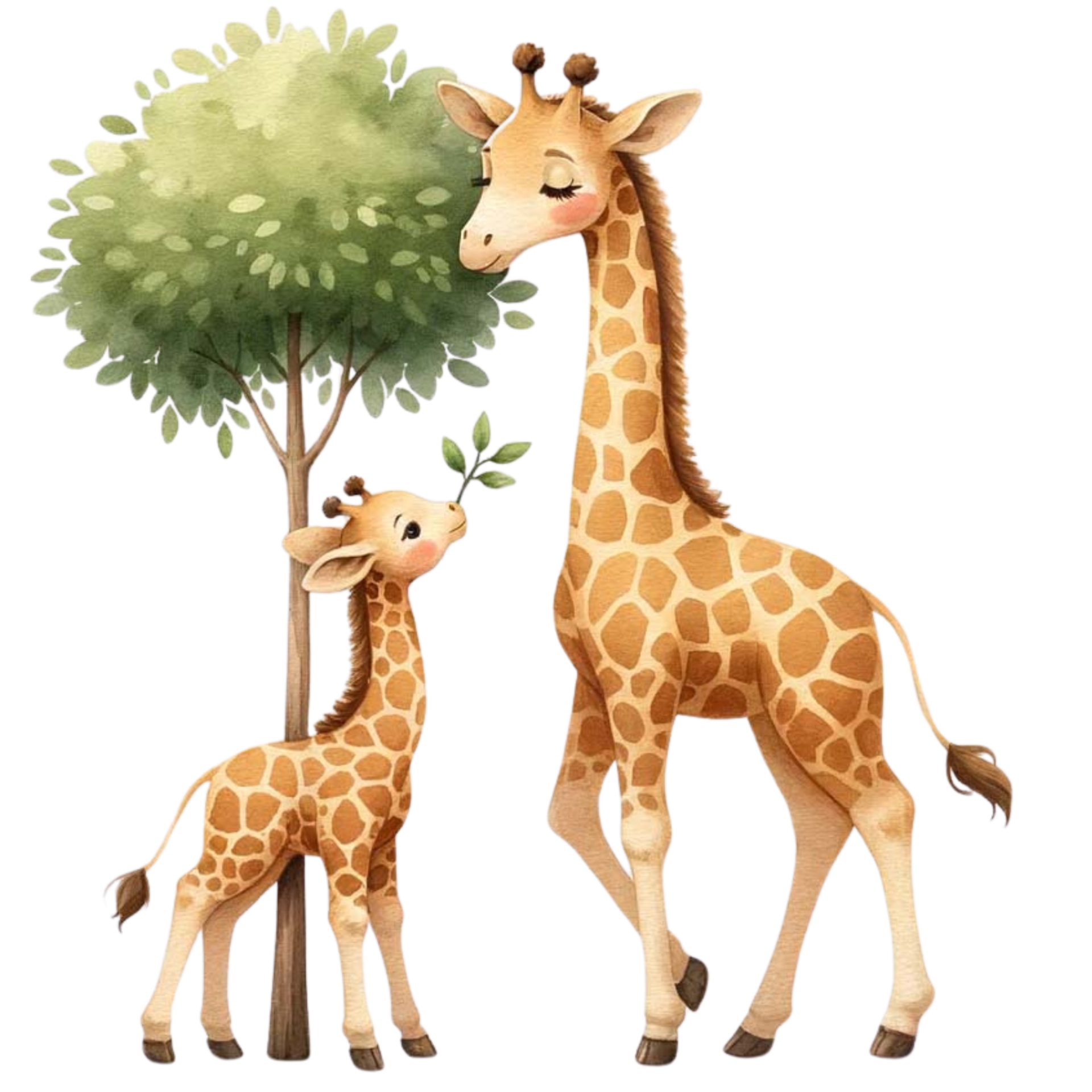 AI generated A mother giraffe teaching the calf to eat leaves from a