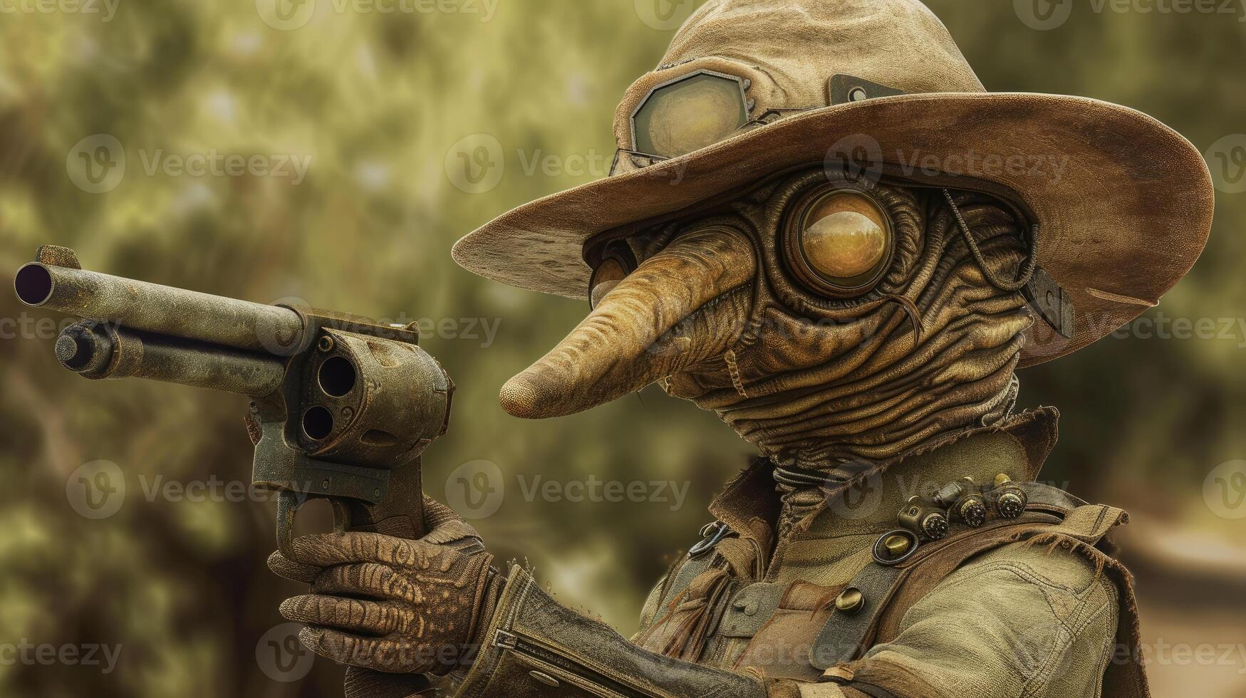 AI generated earthworm in a stylish hat brandishes a firearm confidently, Ai Generated photo