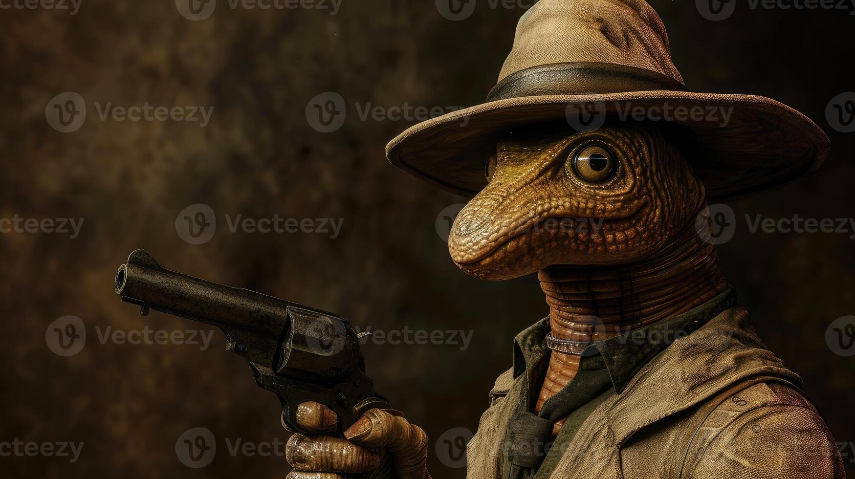 AI generated earthworm in a stylish hat brandishes a firearm confidently, Ai Generated photo