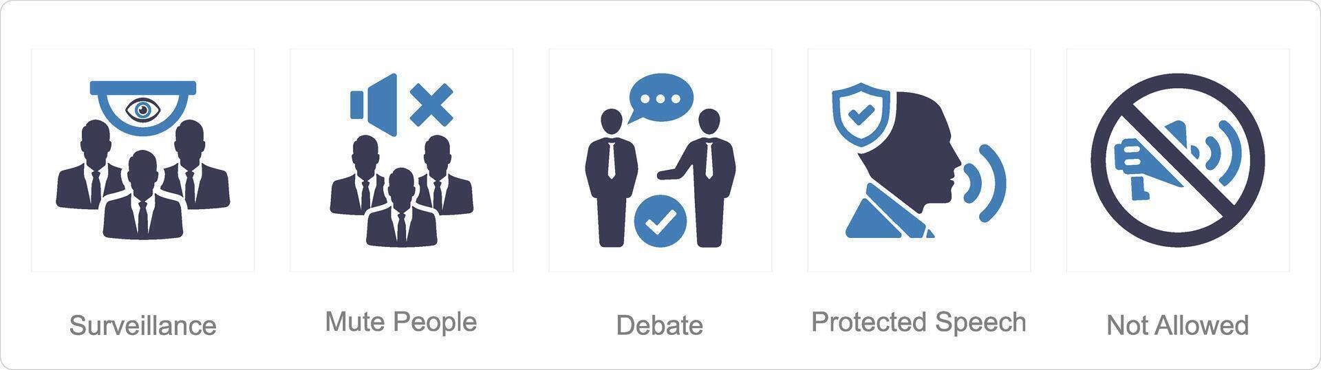 A set of 5 Freedom of Speech icons as surveilliance, mute people, debate vector