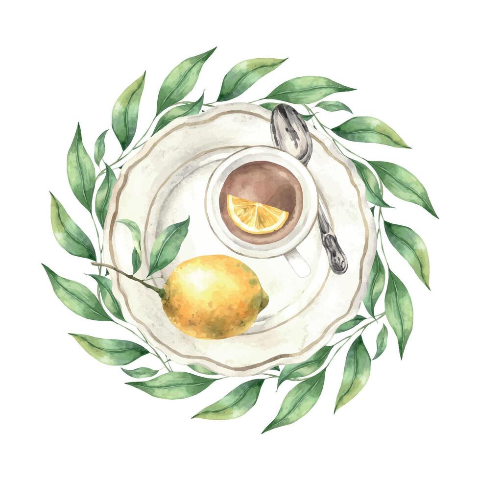 Watercolor composition, top view, of a plate, a mug with tea, a lemon and a spoon. The illustration is hand drawn on an isolated background. Drawing for menu design, packaging, poster,website,textile vector