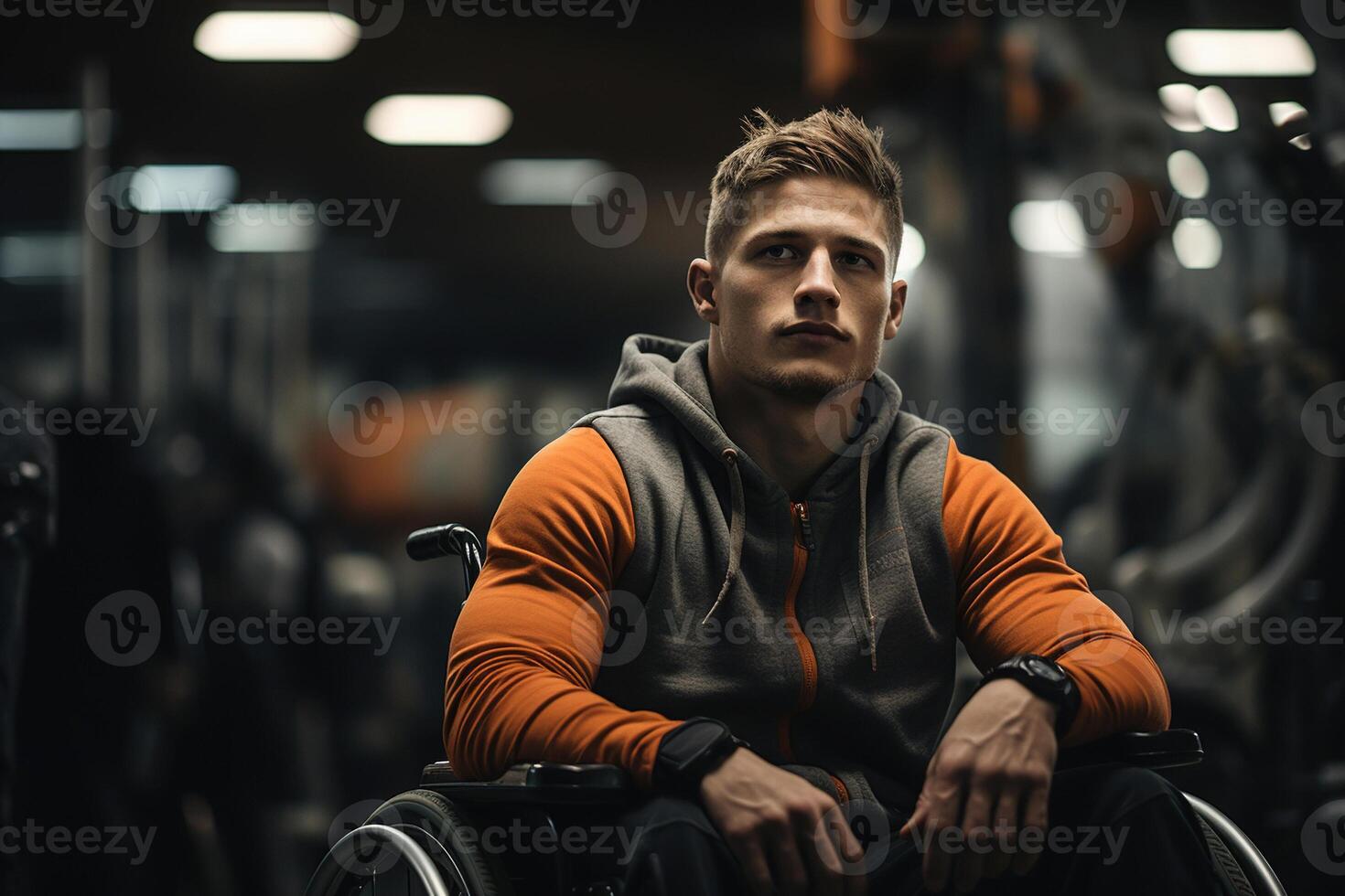 ai generado paralímpico, retrato de un fuerte joven masculino atleta con un invalidez en un silla de ruedas en gimnasio foto
