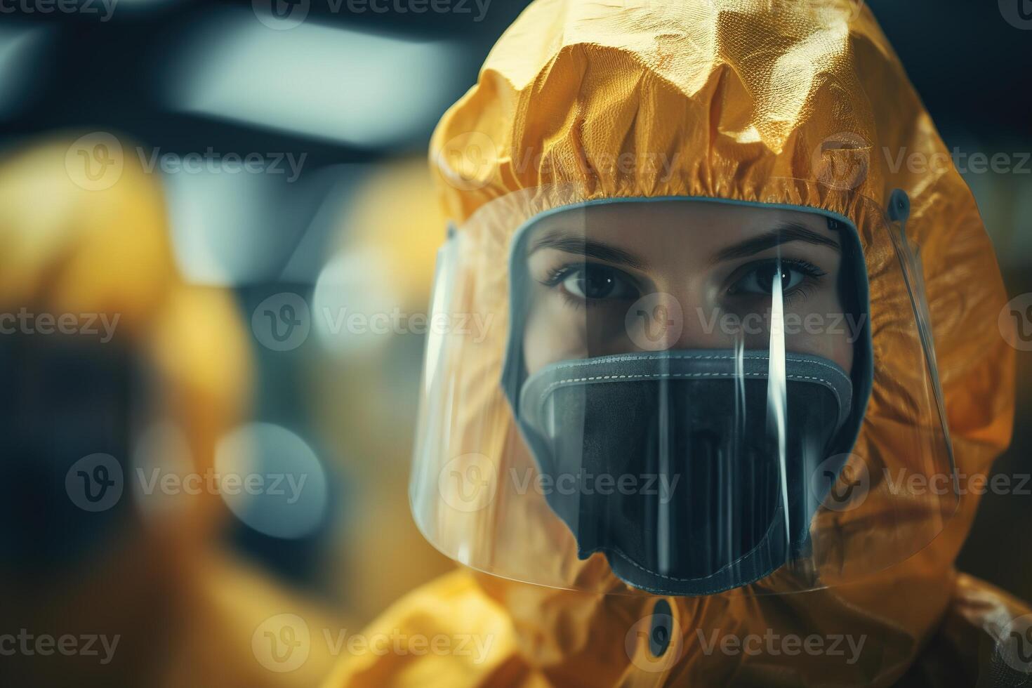 AI generated Team of scientists virologist, woman doctor in biochemical protection yellow uniform and masks indoors, virus pandemic or quarantine photo