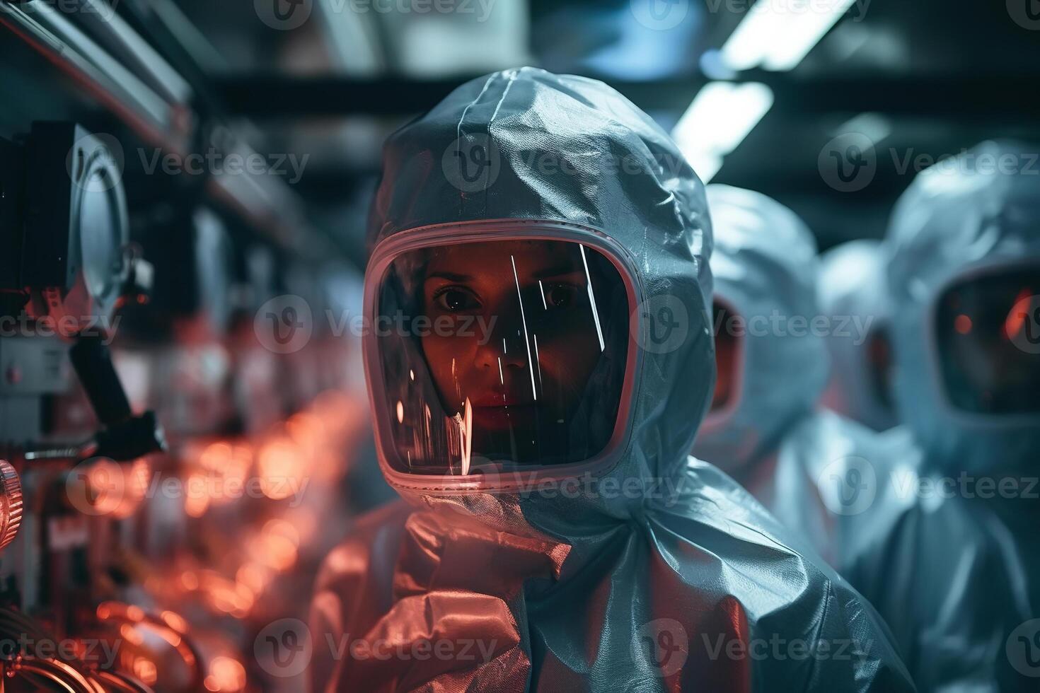AI generated Virus pandemic or epidemic, team of scientists virologist, african american woman doctor in biochemical protection uniform and masks in laboratory photo