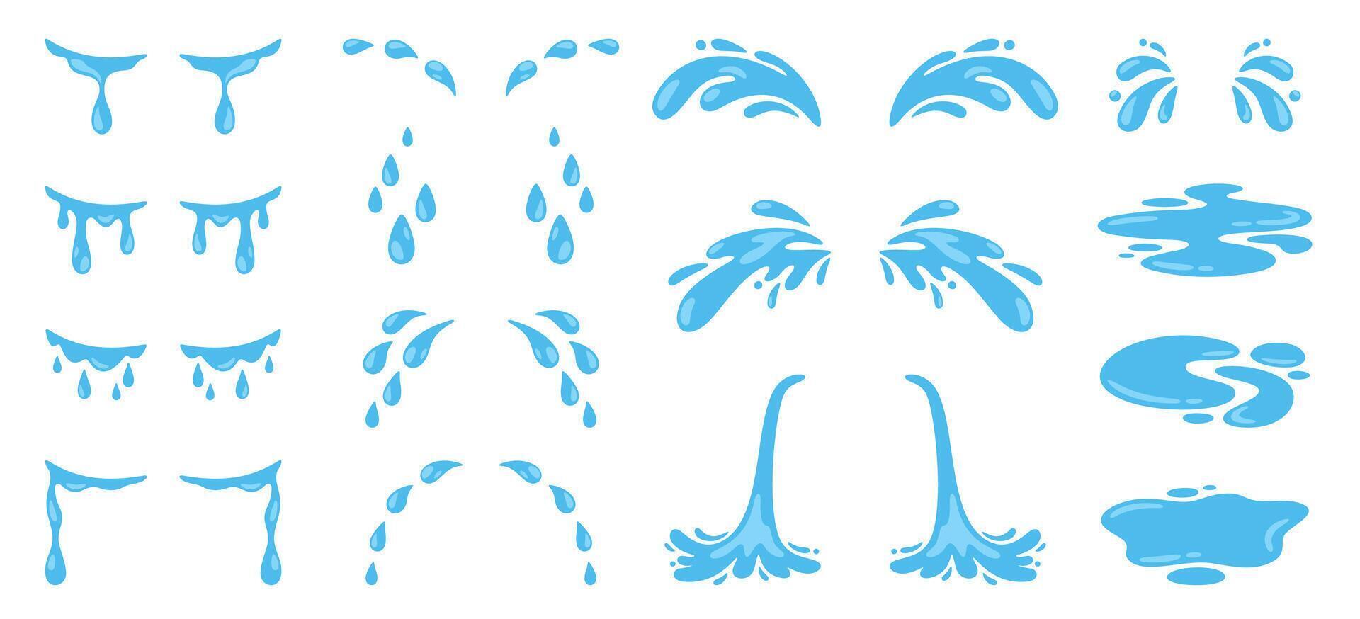 Dropping tears. Cry, wet eyes, streams teardrop. Shedding, sobbing, grieving tear. Sad emotion. Water blue drops. Rain splashes and fluid flows. Vector collection