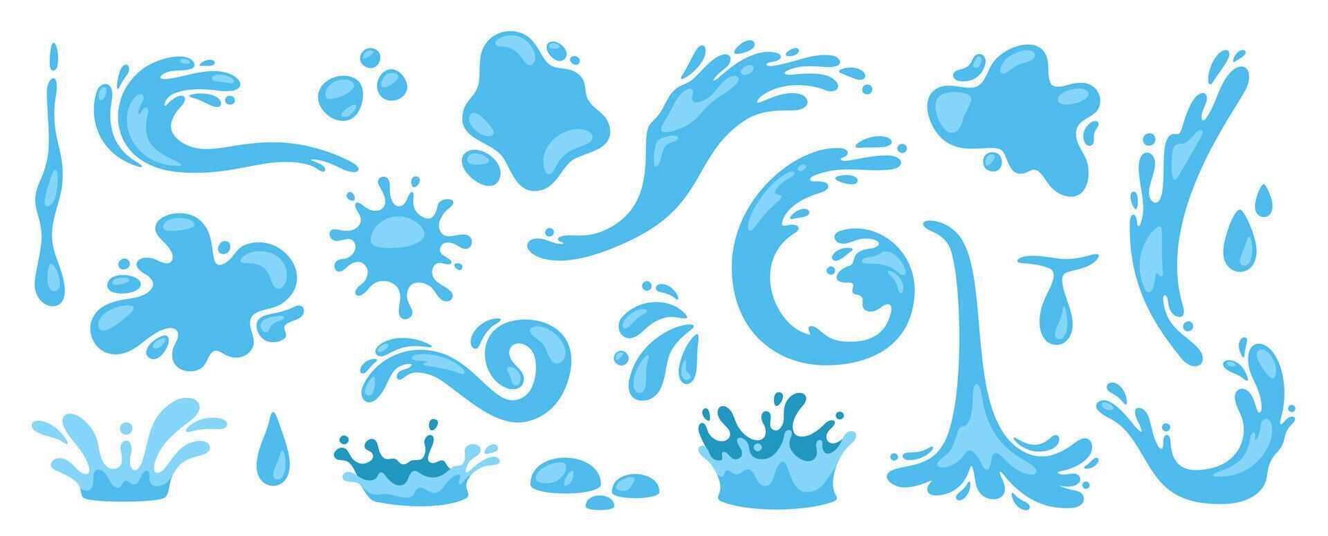 Water splash. Cartoon blue water drops, puddle, spray and waves. Nature object spatters, sputter, splashdown. Clean aqua motion concept. Vector set