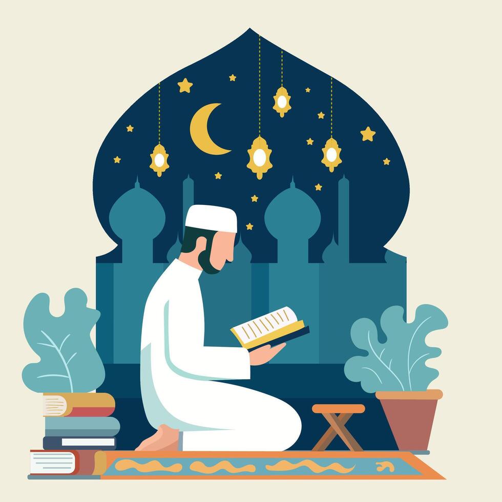 flat design illustration of a Muslim person reading the Koran vector