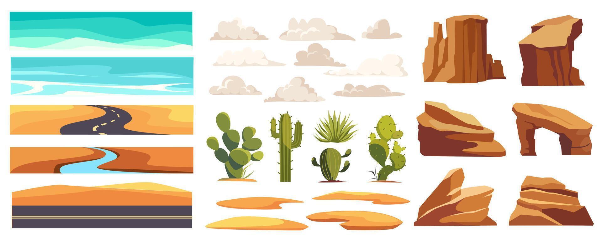 Desert landscape elements constructor mega set in flat graphic design. Creator kit with sandy spaces and sky, roads, dunes, clouds, green actus, rock mountains, dry climate. Vector illustration.