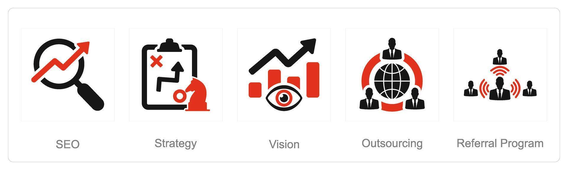 un conjunto de 5 5 incrementar rebaja íconos como SEO, estrategia, visión vector