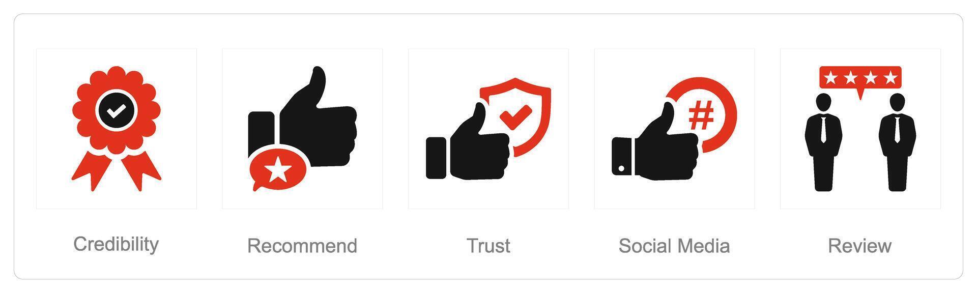 A set of 5 Influencer icons as credibility, recomment, trust vector