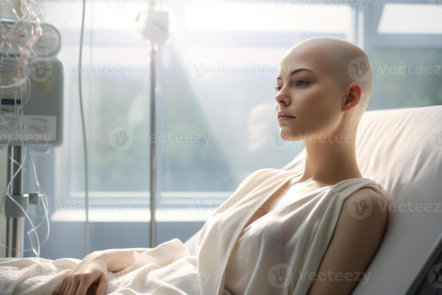 AI generated Cancer disease, chemotherapy, infection treatment concept. Bald female patient lying on bed in hospital ward with dropper photo