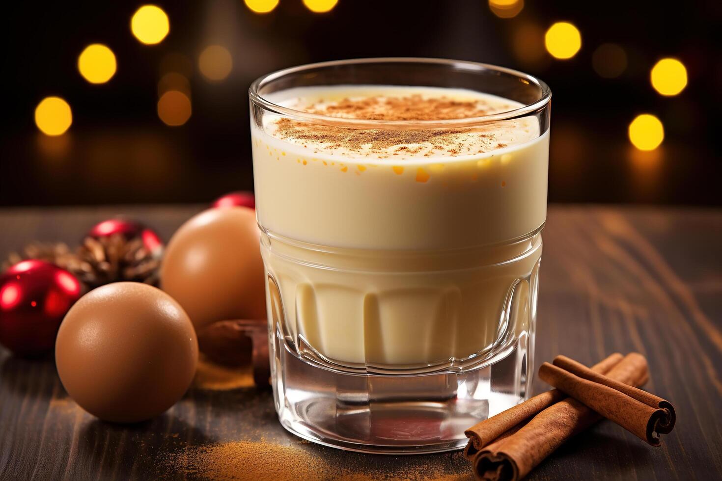 AI generated Traditional Christmas drink egg nog. Close-up of a sweet spiced drink in a glass, eggs and cinnamon on a table indoors photo