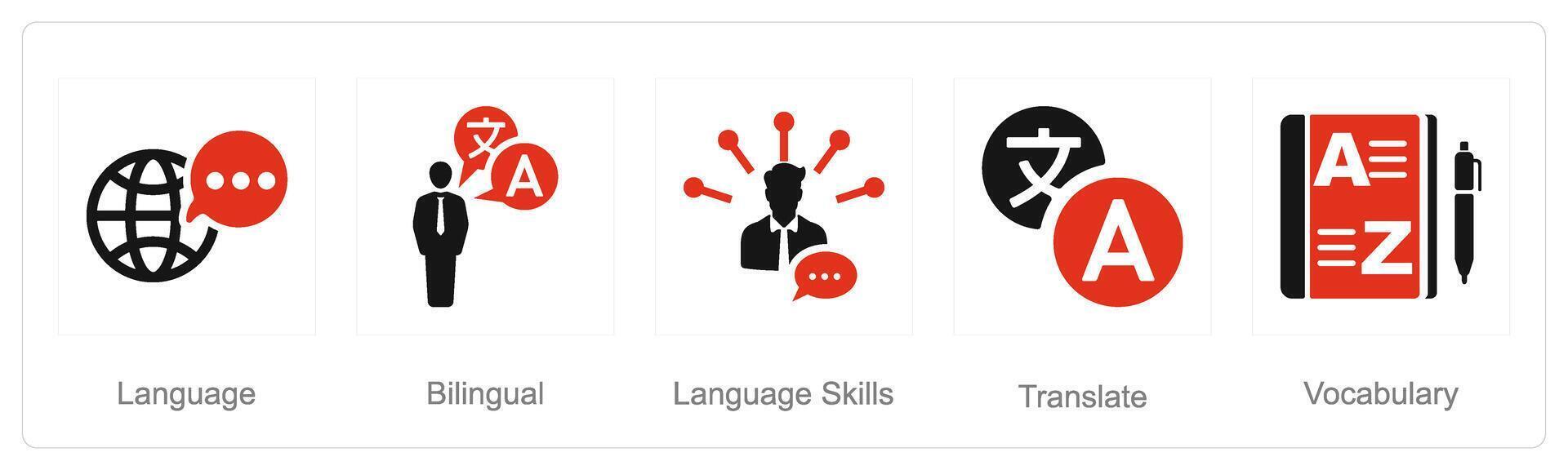 A set of 5 Language icons as language, bilingual, language skills vector