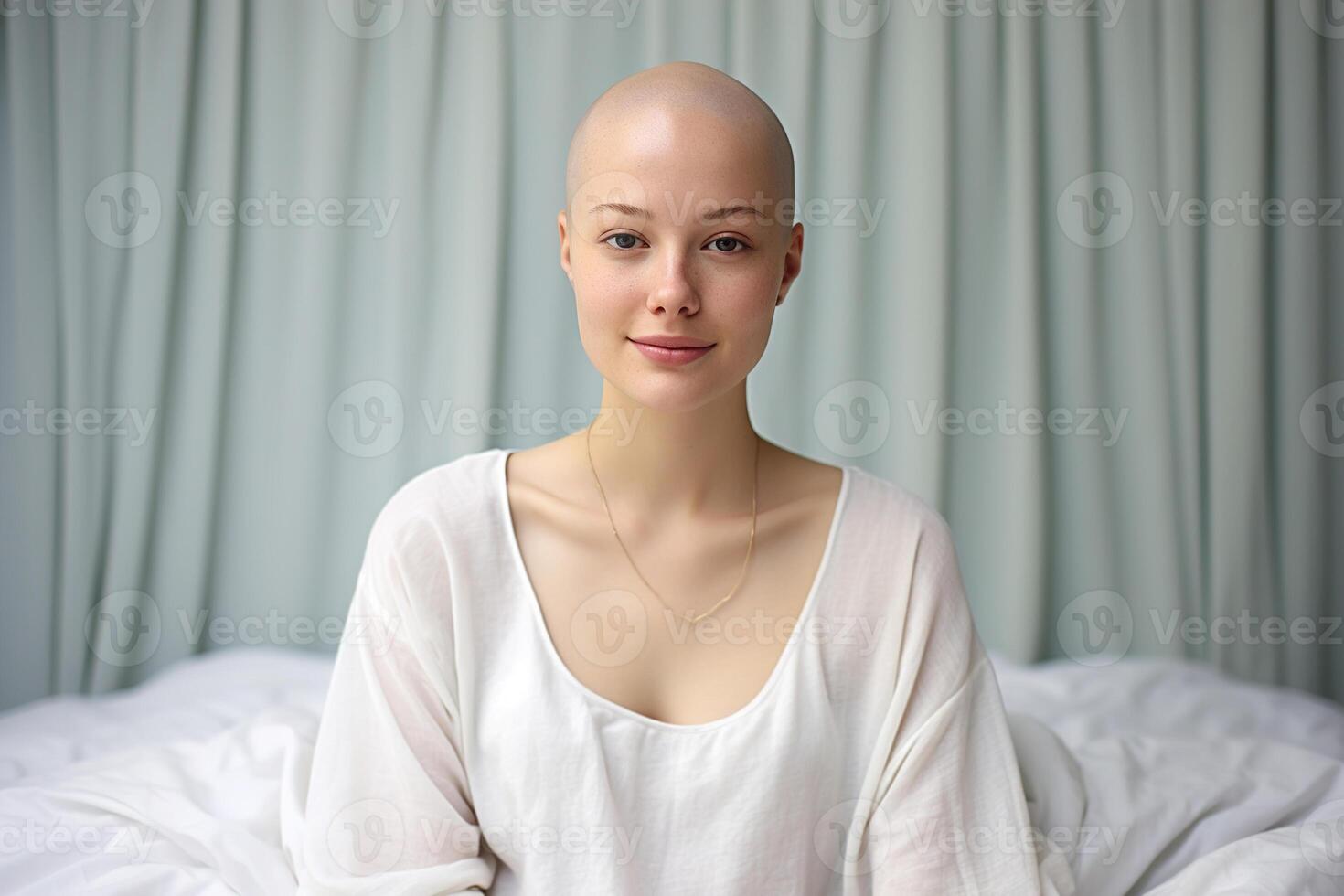AI generated Chemotherapy, cute bald young woman suffering from infection or tumor sitting on bed in hospital room and looking at camera photo
