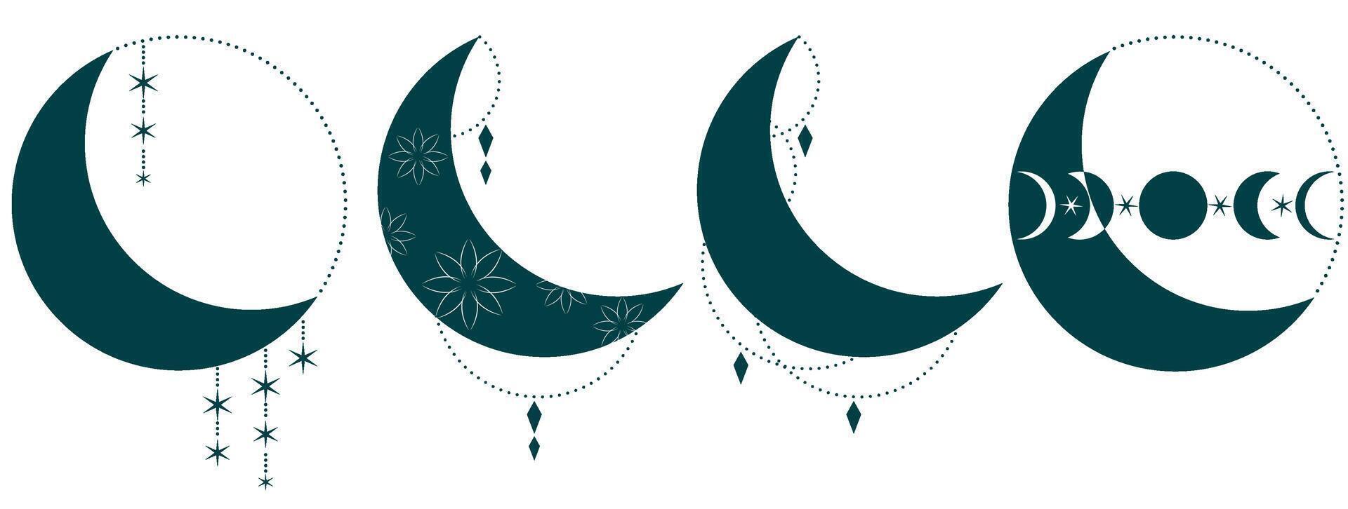 creciente Luna etapas diseño . vector ilustración aislado en blanco antecedentes. místico diseño para logo, tatuaje