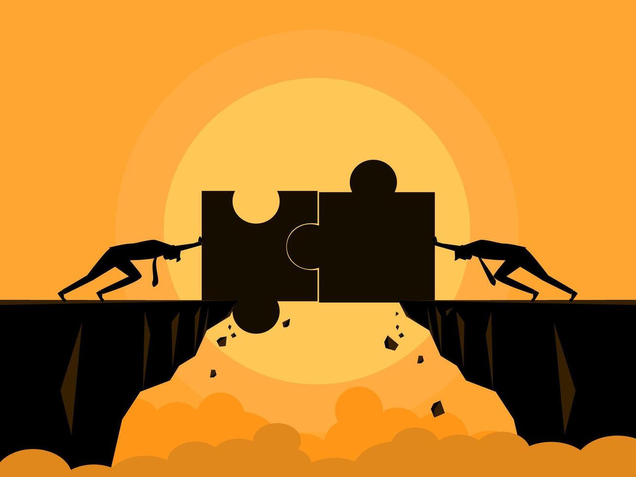 Cooperation, business mergers. Businessman putting together a bridge puzzle vector