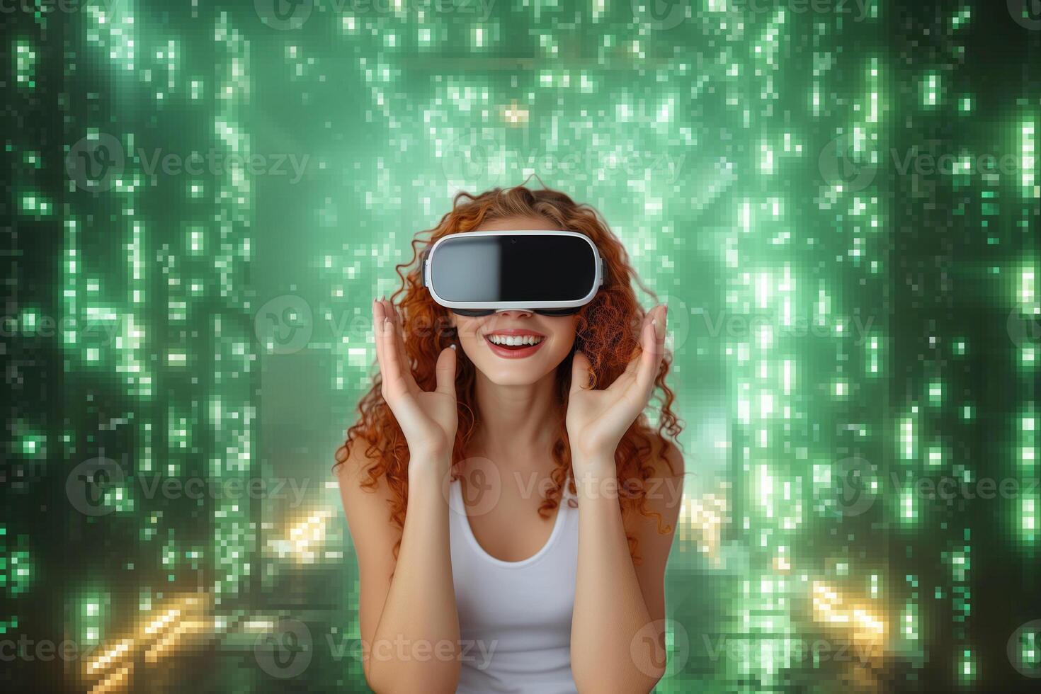 AI generated technology, virtual reality, entertainment and people concept - smiling young woman with virtual reality headset or 3d glasses over green lights background photo