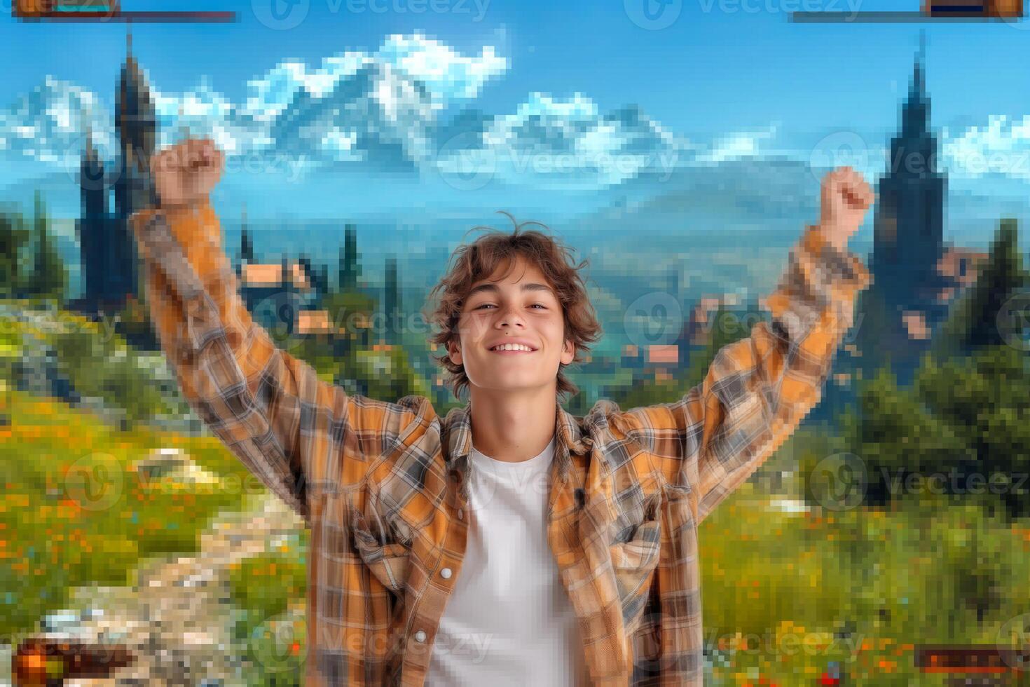 AI generated young man dissolves in a pixelated gaming digital reality photo