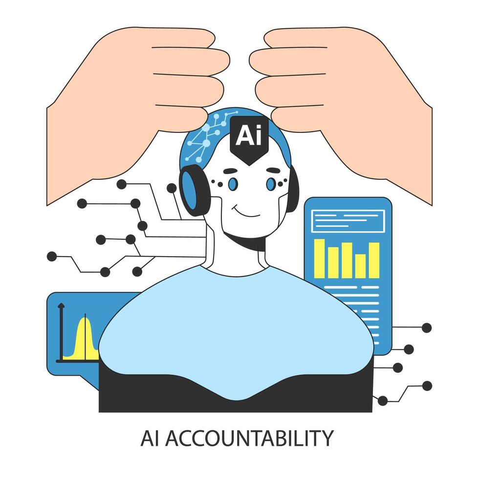 AI ethics. Hands oversee a neural network brain, emphasizing self-learning vector