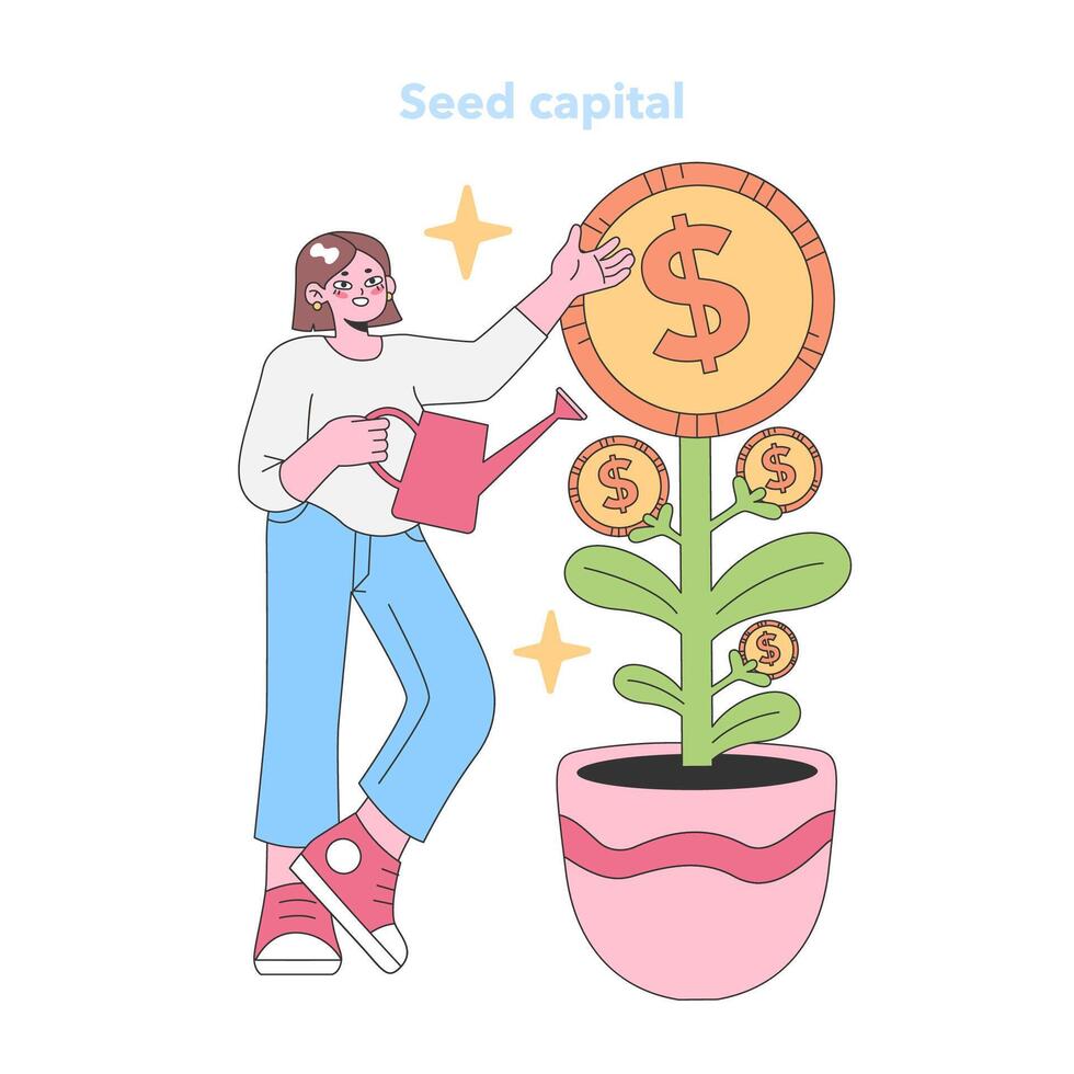 Investor nurturing a dollar-plant Flat vector illustration