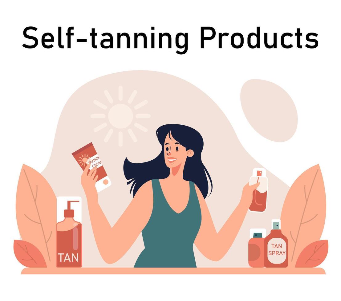 Self-tan set.. Beautiful woman applying self-tanner lotion. Artificial tan vector