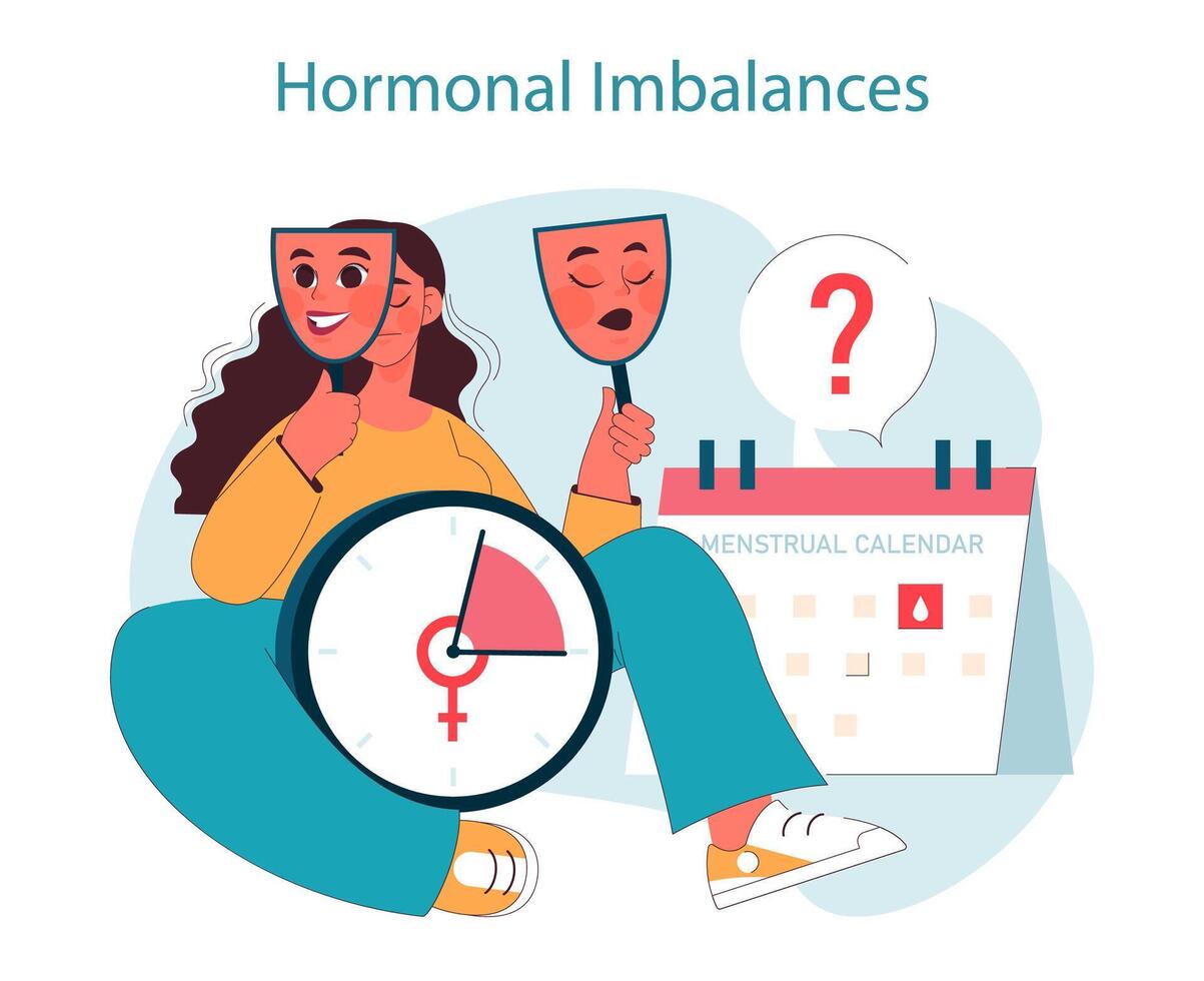 Hormonal imbalances. Woman evaluates hormonal imbalances vector